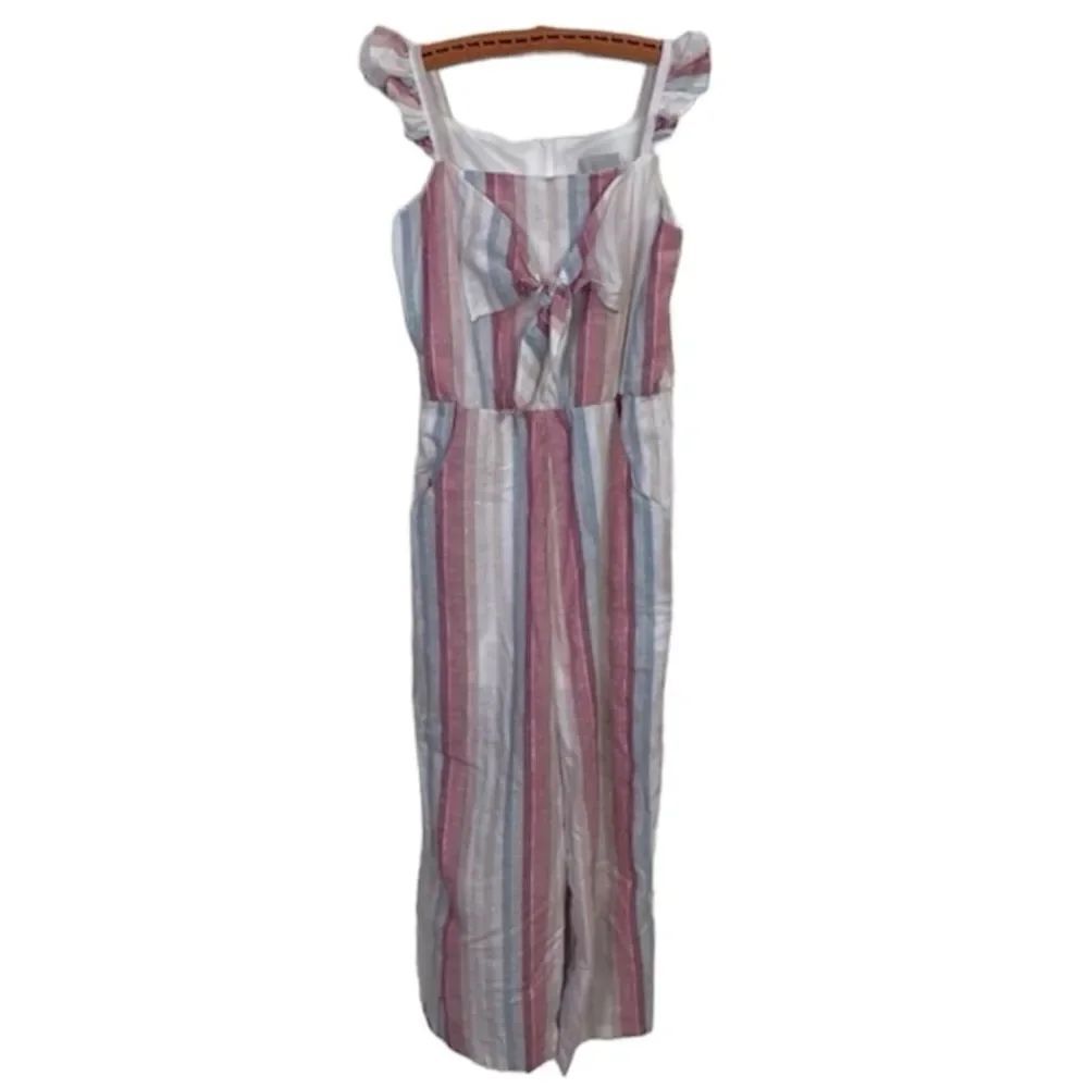 Rare Editions Stripped Blue and Pink Tie Front Jumpsuit Capris Girls Size 14